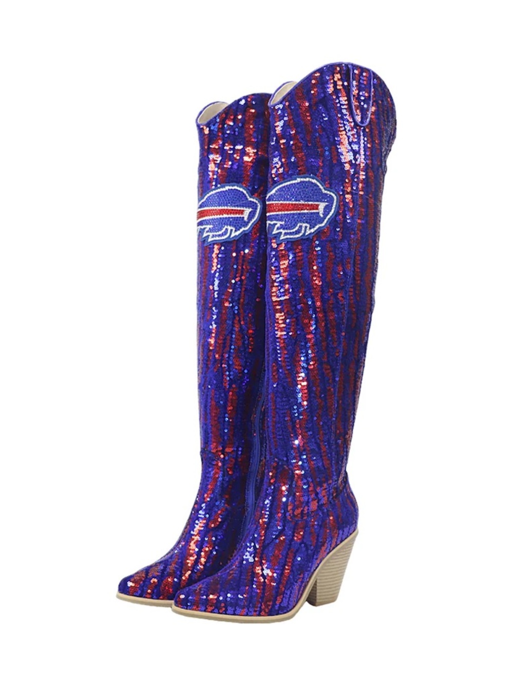 Sequin Knee-High Heeled Boots in Blue & Red